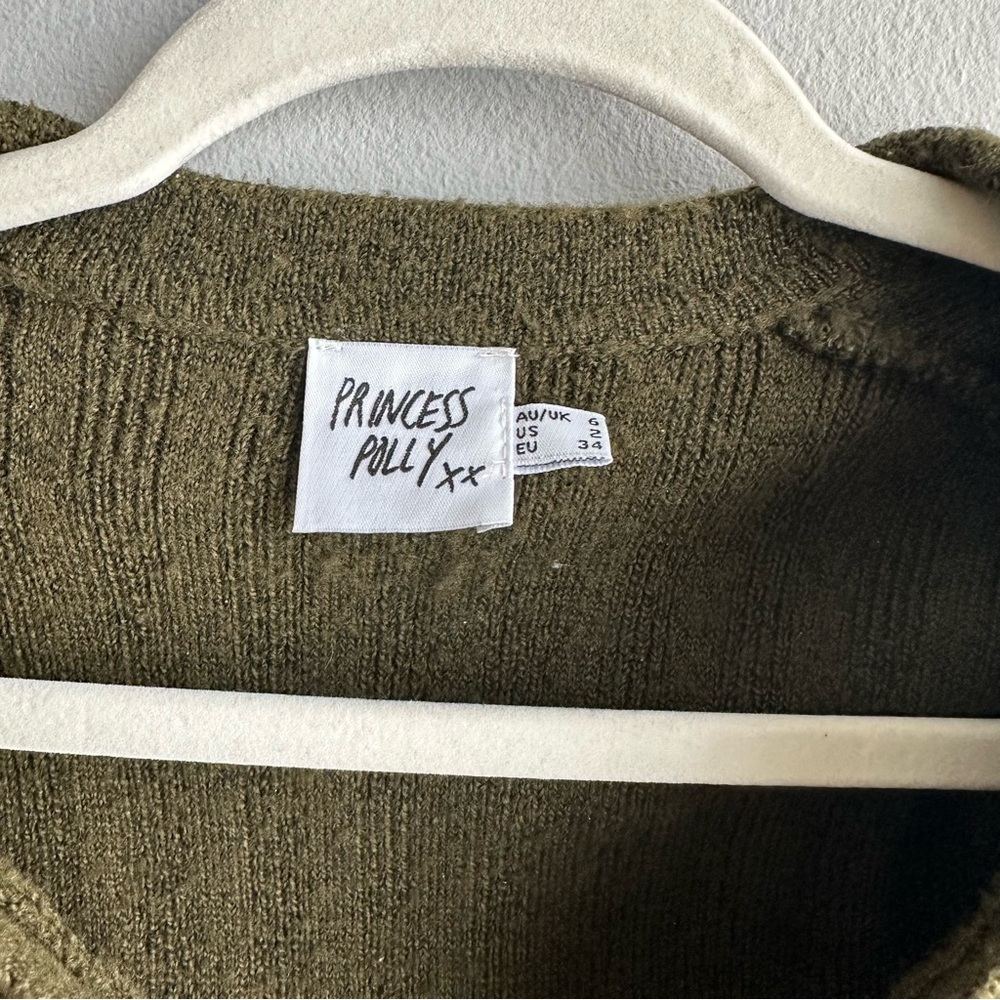 Princess Polly Ribbed Knit Cardigan w/ Slit Bell Sleeves in Olive Green - Picture 9 of 11